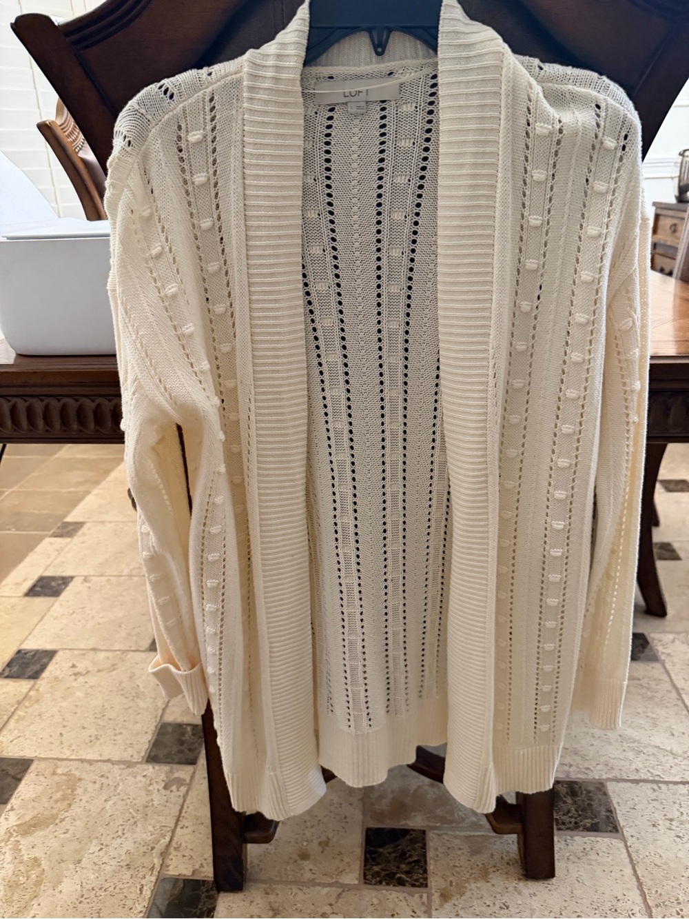 LOFT Cream Pointelle Open-Front Cardigan